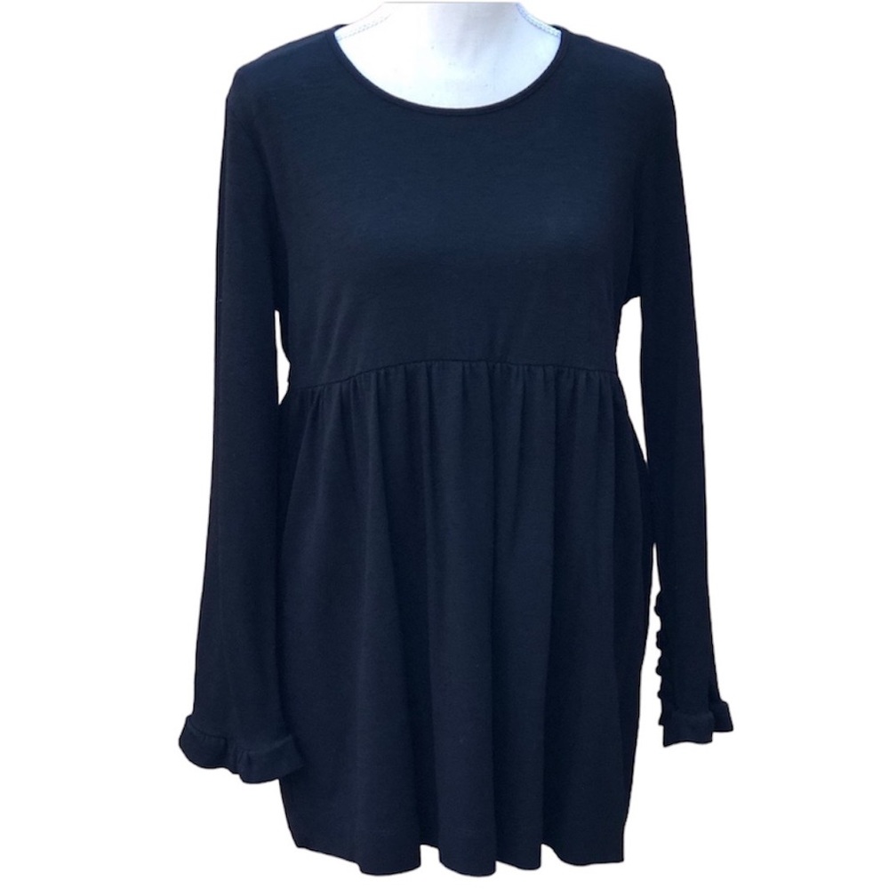 DKNY Tunic Top Babydoll Umpire Waist Ruffle Pockets Black Women’s Size Small